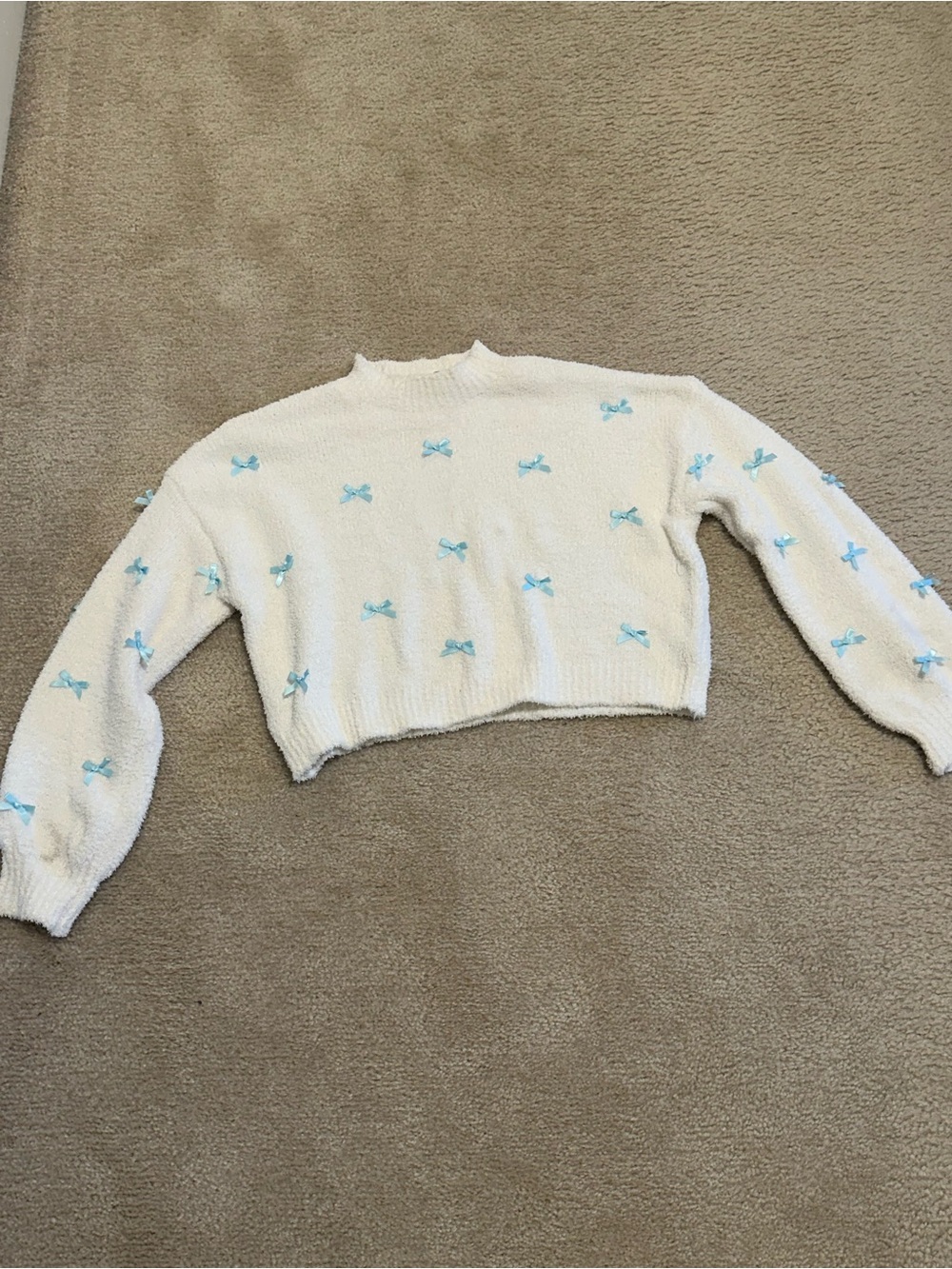 Altar'd State Cream Cropped Sweater with Light Blue Bow Details